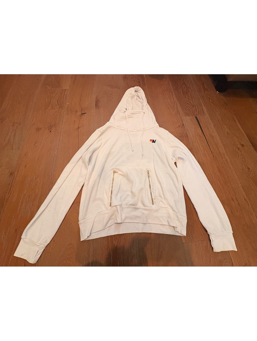 Aviator Nation Cream Hoodie with Zip Pockets Cozy Athleisure Medium